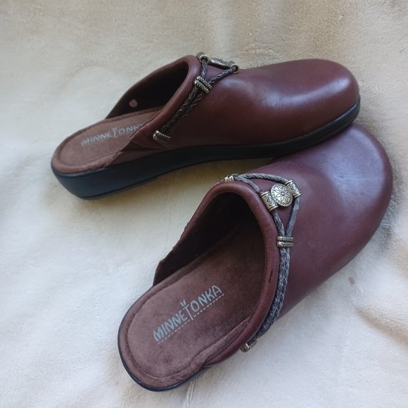 Minnetonka Shoes - Minnetonka Brown Mules with Silver Accents